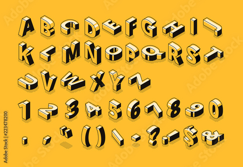 Isometric line font and halftone alphabet letters vector illustration. Abstract trend retro typography with numbers and symbols or signs in geometric 3D shape style on yellow background