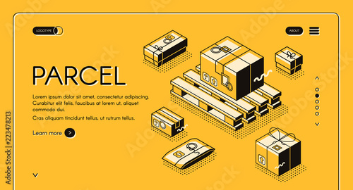 Parcels delivery and post mail logistics vector illustration in thin line design. Carton boxes packages with postage stamps on warehouse pallets on halftone yellow web banner background
