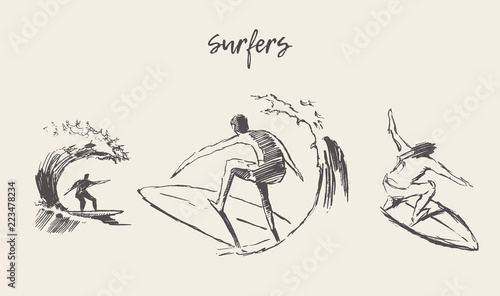 Obraz Kolekcja szkice surferów ręcznie rysowane wektor surf