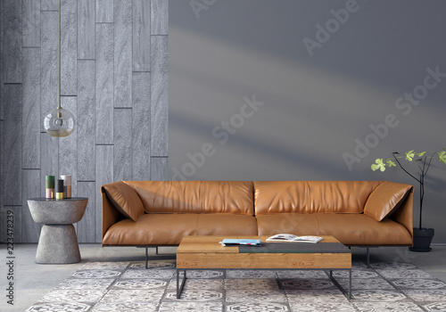 Living room with a leather sofa photo