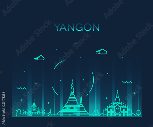 Yangon skyline, Myanmar vector linear style city