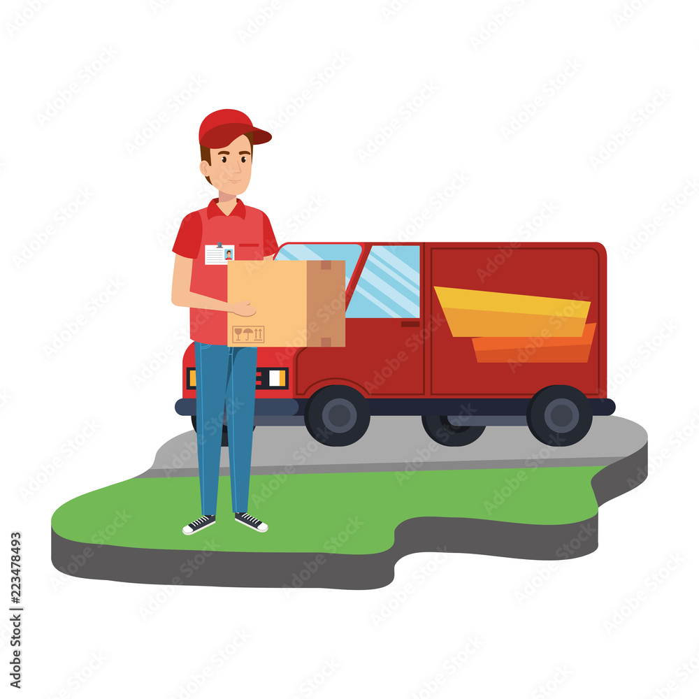 delivery worker with box and van