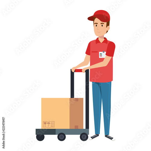 delivery worker with cart and box