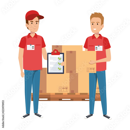 delivery workers with pile boxes and checklist