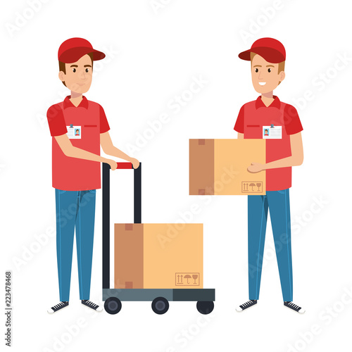 delivery workers with cart and boxes