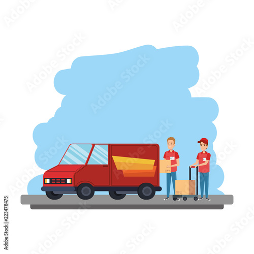delivery workers with cart and van