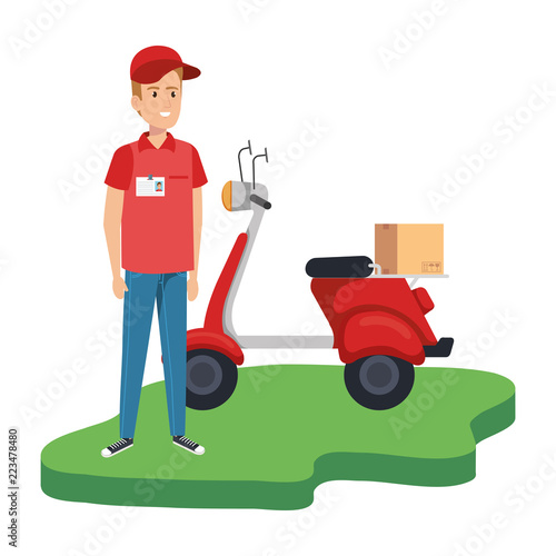 delivery worker in motorcycle and box