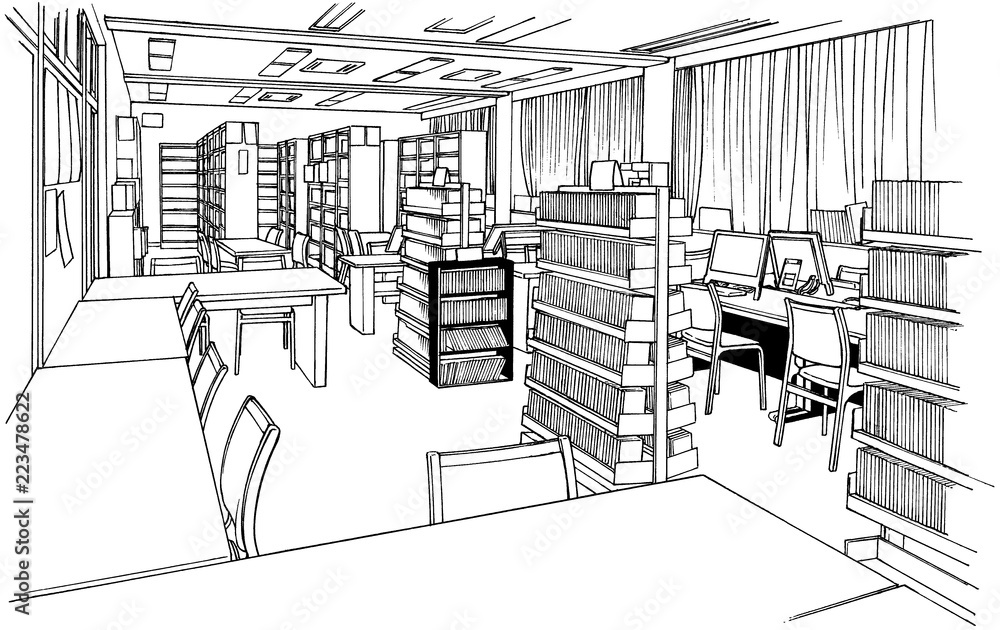 漫画風ペン画イラスト 学校 図書室 Stock Illustration Adobe Stock