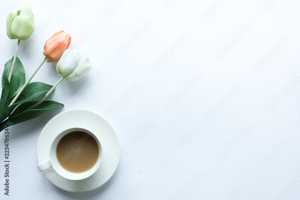 tea time and egg tart and donut on white background with smartphone tea time and egg tart and donut on white background with smartphone