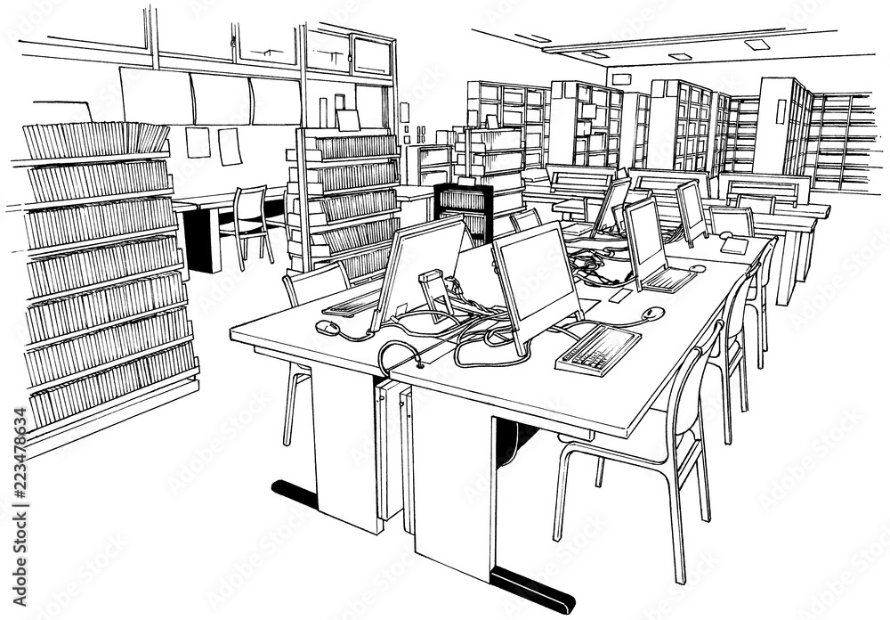 漫画風ペン画イラスト 学校 図書室 Stock Illustration Adobe Stock