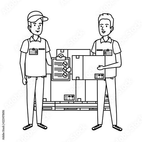 delivery workers with pile boxes and checklist