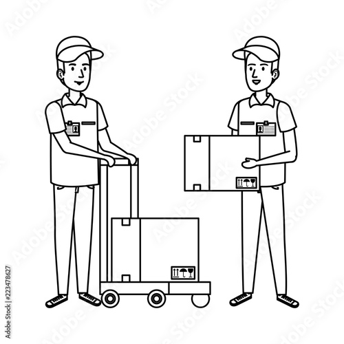 delivery workers with cart and boxes