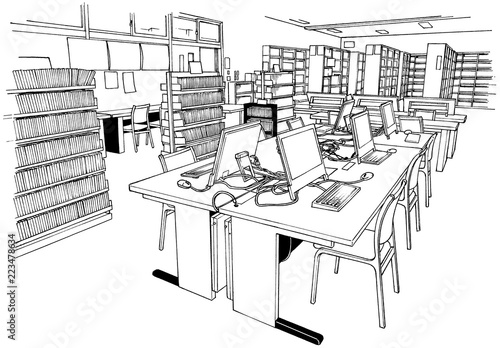 漫画風ペン画イラスト 学校 図書室 Stock Illustration Adobe Stock