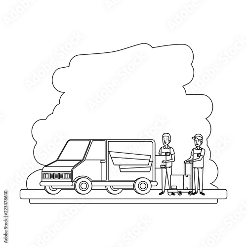 delivery workers with cart and van