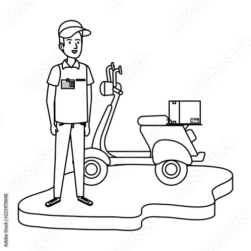 delivery worker in motorcycle and box