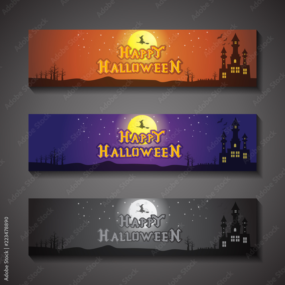 Naklejka premium Happy Halloween Banner, with different color vector illustrations