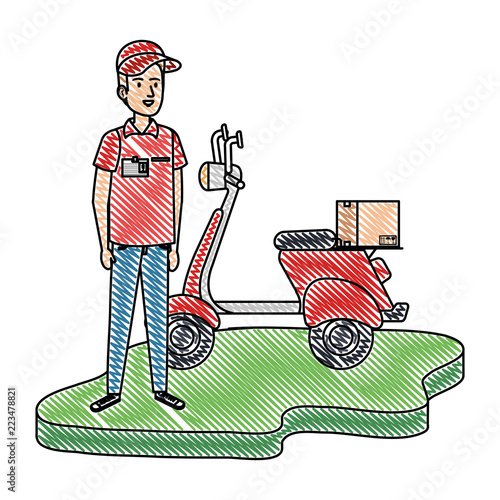 delivery worker in motorcycle and box