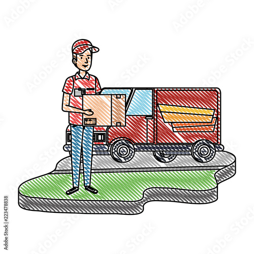 delivery worker with box and van