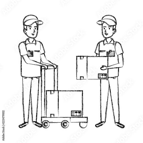 delivery workers with cart and boxes