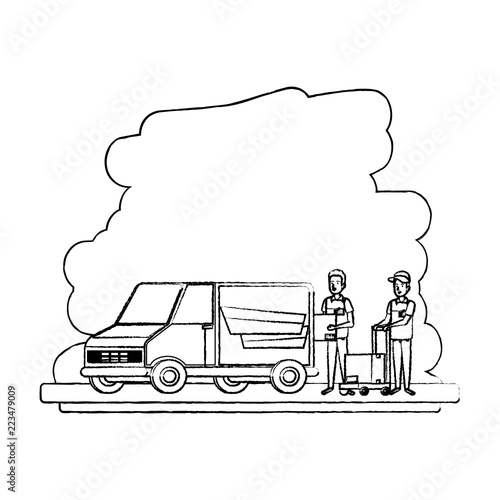 delivery workers with cart and van