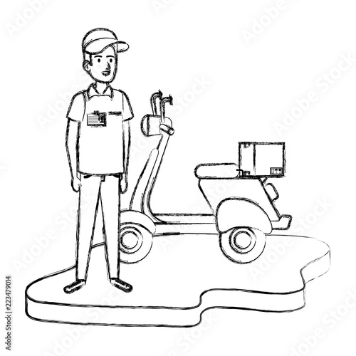 delivery worker in motorcycle and box