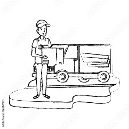 delivery worker with box and van