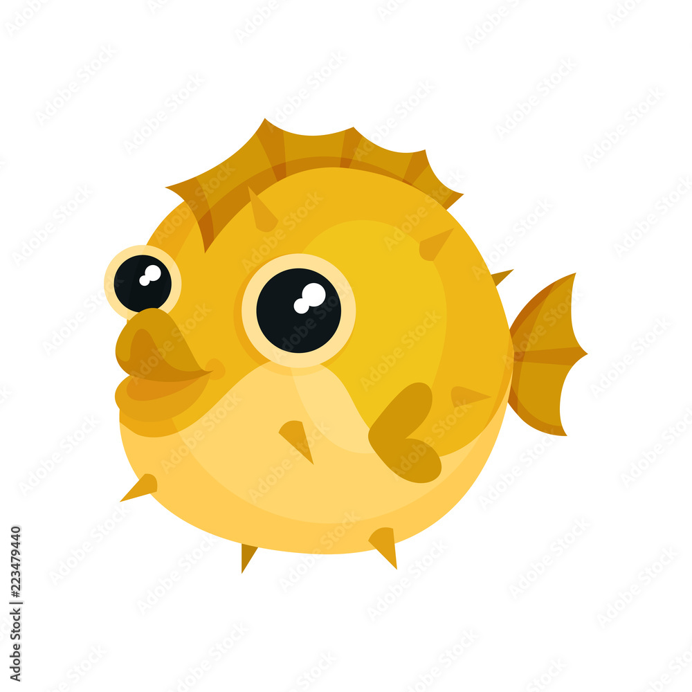 Adorable yellow blowfish with big shiny eyes. Exotic sea animal. Underwater life theme. Flat vector for children t-shirt print