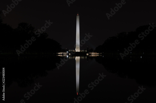 The Washington Monument during a summer night seen from the Reflecting Pool in Washington, D.C.