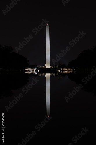 The Washington Monument during a summer night seen from the Reflecting Pool in Washington, D.C.