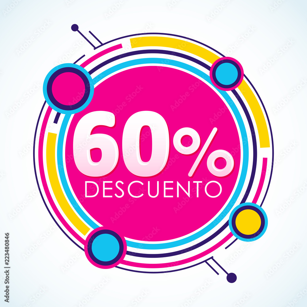 Obraz premium 60% Descuento, 60% Discount Sticker spanish text, sale tag vector Illustration, Offer price label