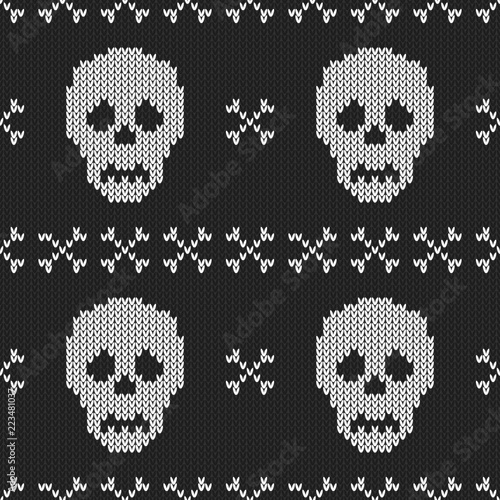 Halloween knitted pattern. Seamless Knitting Texture with skull and bone. Design for sweater, scarf, comforter or clothes texture.