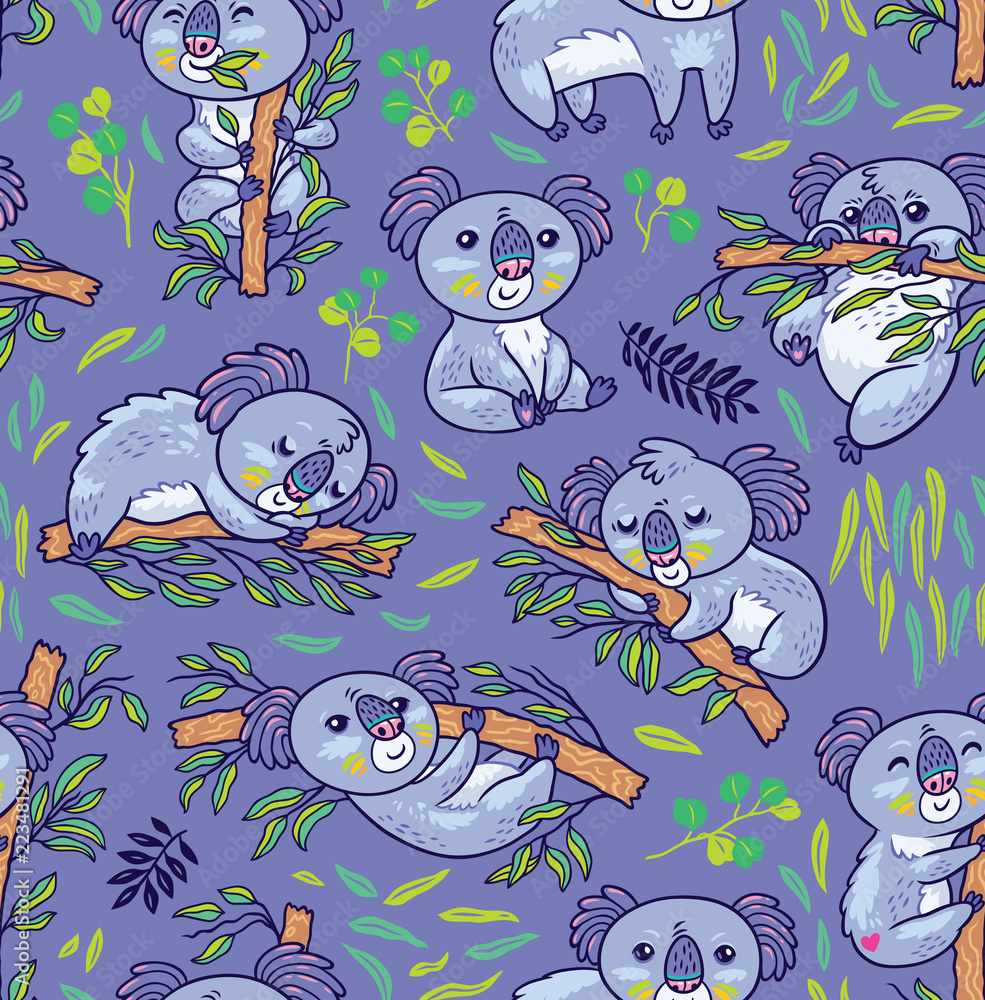 Fun koalas in the eucalyptus seamless pattern. Vector illustration Fun koalas in the eucalyptus seamless pattern. Vector illustration