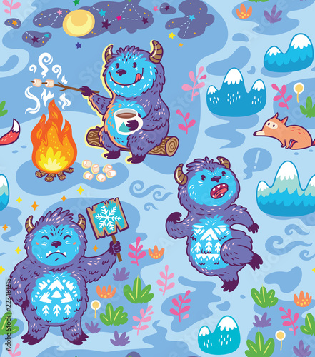 Busy Yetie seamless pattern in cartoon style. Vector illustration