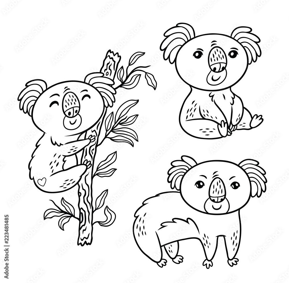 Obraz premium Rysunek ręka wektor koala w stylu cartoon. Szkic konturów zwierząt