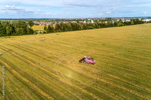 Combine harvester on the field. A bird's-eye view