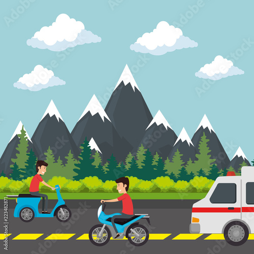 urban road with ambulance and motorcycle