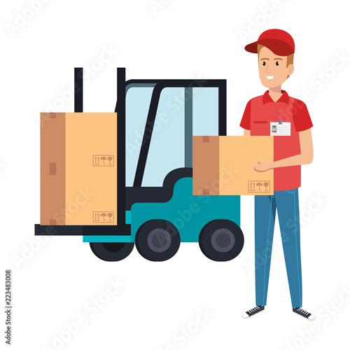 delivery worker lifting box with forklift