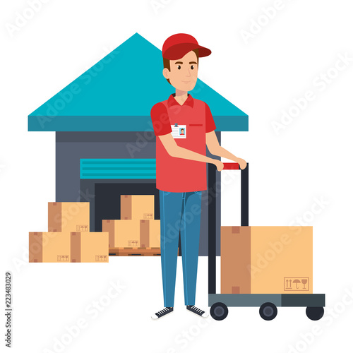 delivery worker with cart and warehouse