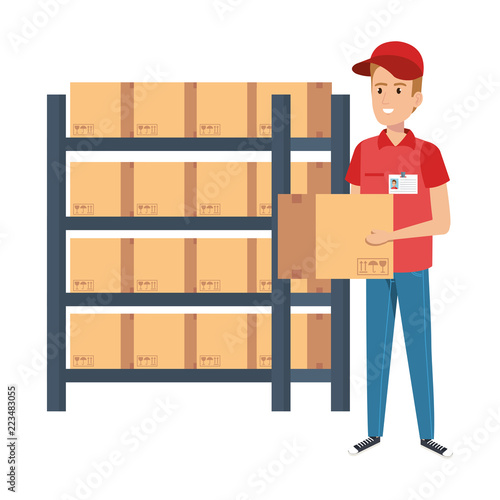 delivery worker lifting box with shelving