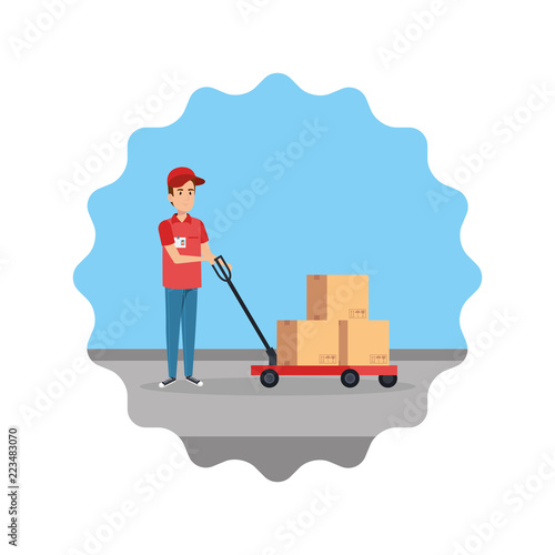 delivery worker with cart and box