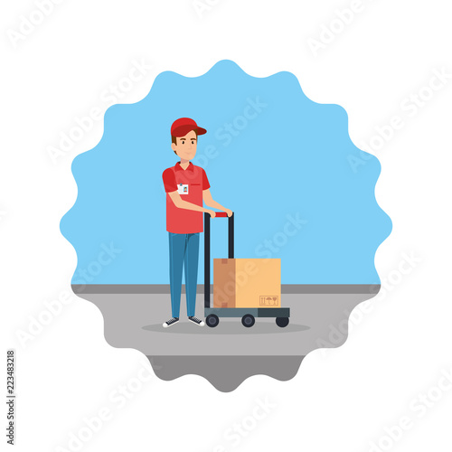 delivery worker with cart and box