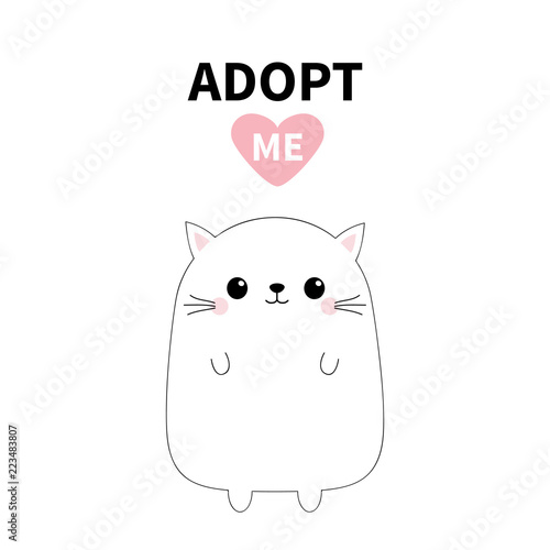 Baby cat silhouette. Adopt me. Pink heart. Pet adoption. Kawaii animal. Cute cartoon kitty character. Funny kitten. Help homeless animal Flat design. White background