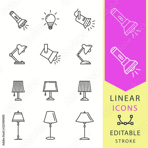 Lighting icons set. Black vector illustration. Editable stroke.