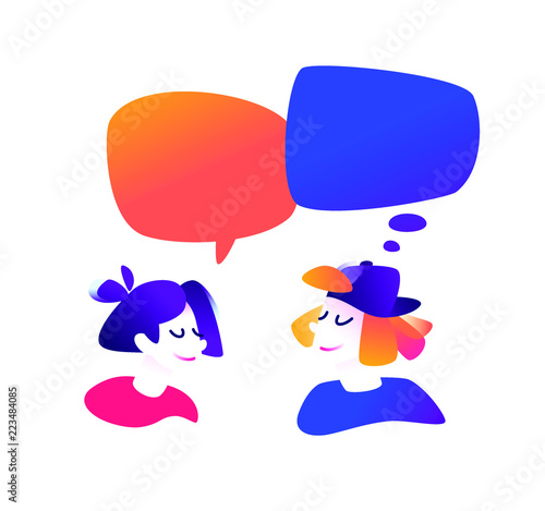 Illustration of a communicating guy and a girl. Vector illustration. Cute characters in a comic, cartoon style. Communication, chatting on the Internet. The illustration is isolated on a white backgro