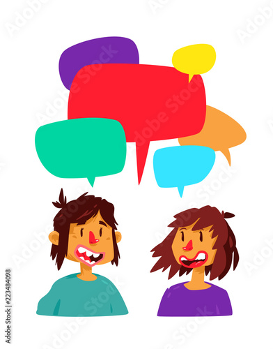 Illustration of a communicating guy and a girl. Cute characters in a comic, cartoon style. Communication, chatting on the Internet. The illustration is isolated on a white background. Mascots.