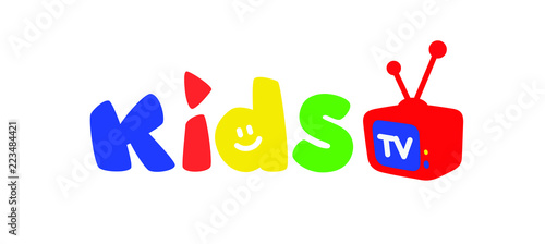 Logo for children's television. Vector. Bright logo with colored letters and a TV. Logo isolated on white background. Fashionable children's shop, studio. An inscription for the video channel, blog.