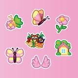 Set flat stickers beautiful butterfly, wildflowers, wild forest animals and summer cottage on pink background. Animals and insects, summer nature concept.