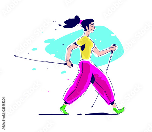 Illustration of the girl Scandinavian walking. The flat vector. Hiking in nature. The illustration is isolated on a white background. Scandinavian walking with sticks. Athletic way of life. Summer.