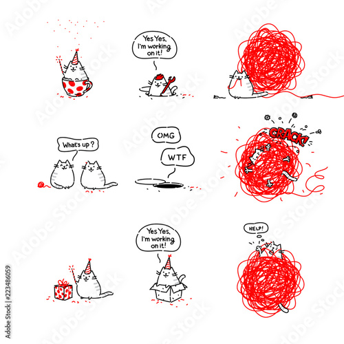 Adventures of the cat. Error 404. Cat and coil of wool. The kitty is playing. Vector objects isolated on white background. Design of seal for printing and web. Logo, mascot for the site. Pattern.