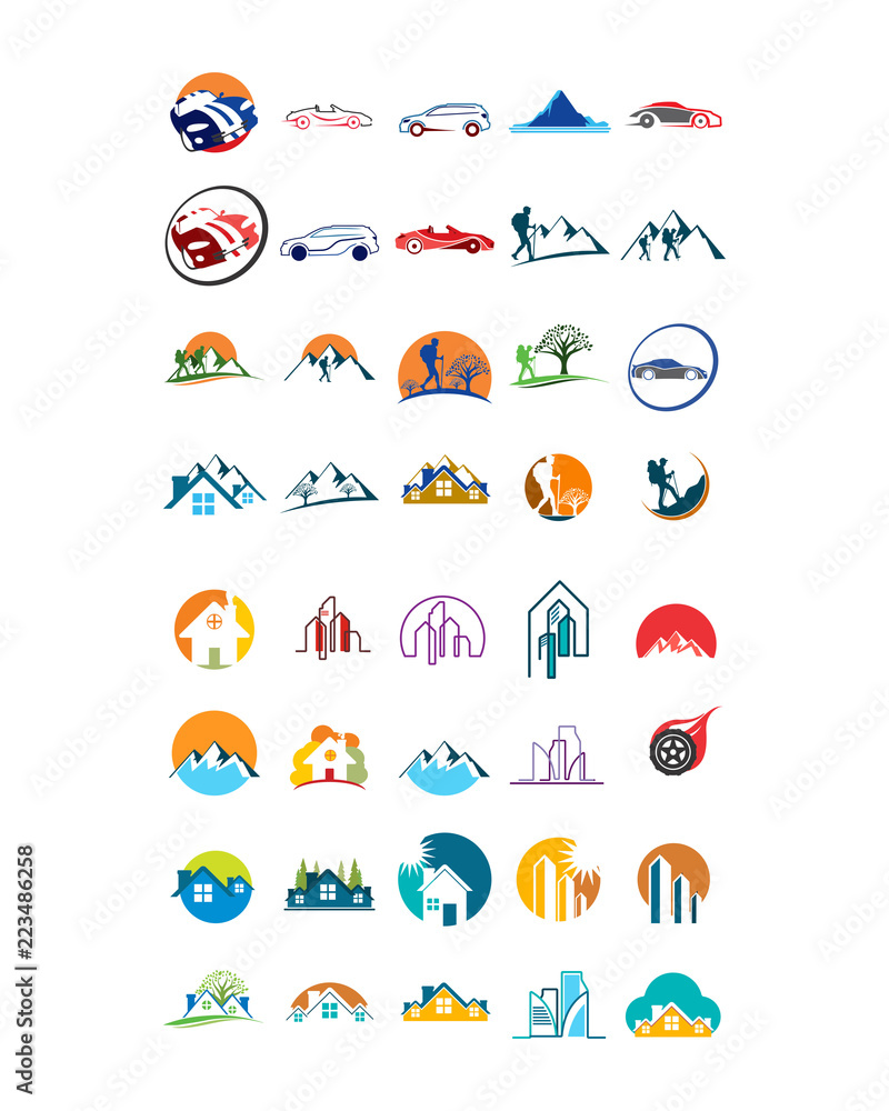 Fototapeta premium variation mixed vehicle building hiking image vector icon logo symbol set